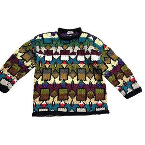 Vintage Rainbow Crafts Sweater Unisex Knit Hand Made Aztec Boho Multicolor